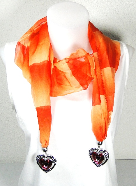 Echarpe foulard bijou double cœur rayures orange
