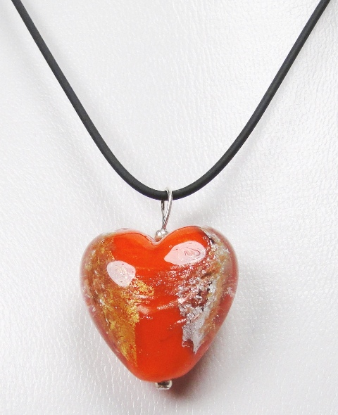 Pendentif verre MURANO cœur bombé orange argenté doré cuivré