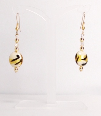 Boucles d'oreilles MURANO pendantes rond verre soufflé ivoire doré noir