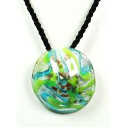 Pendentif verre MURANO rond bombé bleu vert argenté cuivré