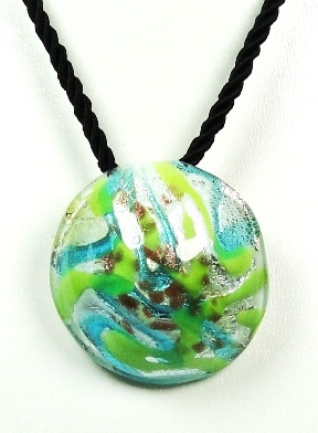 Pendentif verre MURANO rond bombé bleu vert argenté cuivré