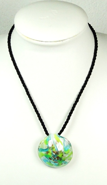 Pendentif verre MURANO rond bombé bleu vert argenté cuivré – Image 2