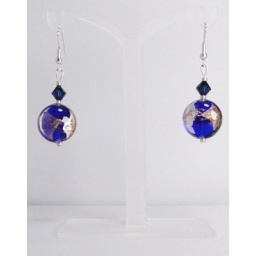 Boucles d'oreilles verre MURANO pendantes disque bleu marine doré argenté