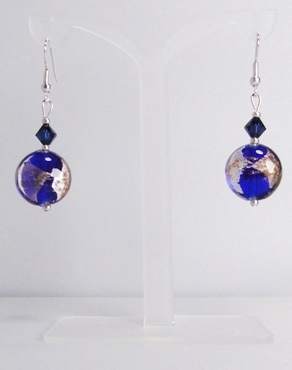 Boucles d'oreilles verre MURANO pendantes disque bleu marine doré argenté