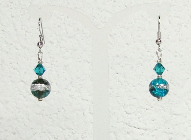 Boucles d'oreilles verre MURANO pendantes boule rayure bleu argenté