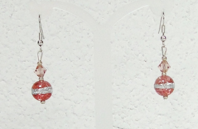 Boucles d'oreilles verre MURANO pendantes boule rayure rose argenté