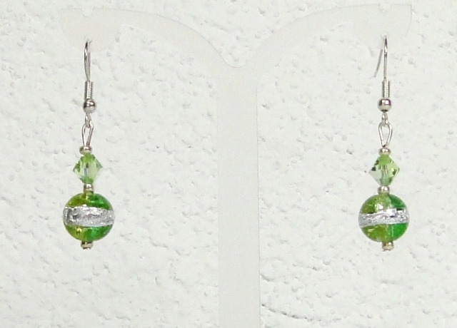 Boucles d'oreilles verre MURANO pendantes boule rayure vert jaune argenté