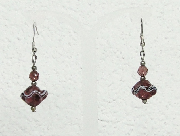 Boucles d'oreilles verre MURANO pendantes dentelle prune