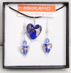 Parure verre MURANO pendentif et boucles d'oreilles pendantes cœur bleu marine doré argenté