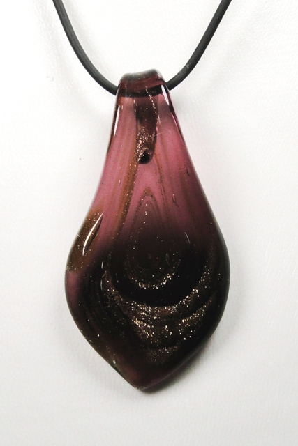 Parure verre FACON MURANO pendentif et boucles d'oreilles pendantes feuille prune foncé cuivré – Image 2