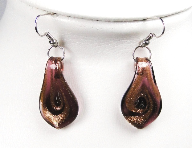 Parure verre FACON MURANO pendentif et boucles d'oreilles pendantes feuille prune foncé cuivré – Image 3