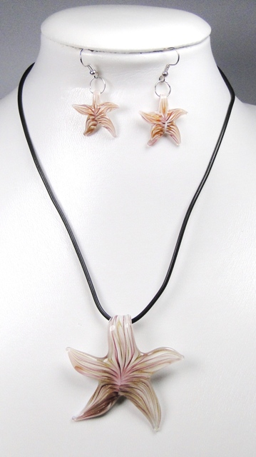 Parure verre MURANO pendentif et boucles d'oreilles pendantes étoile blanche rayée prune cuivré