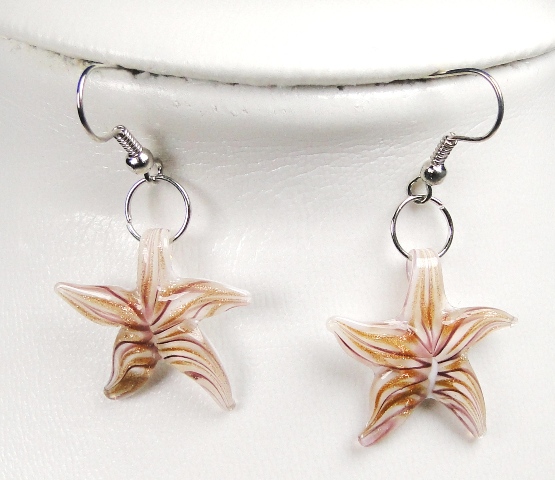 Parure verre MURANO pendentif et boucles d'oreilles pendantes étoile blanche rayée prune cuivré – Image 3