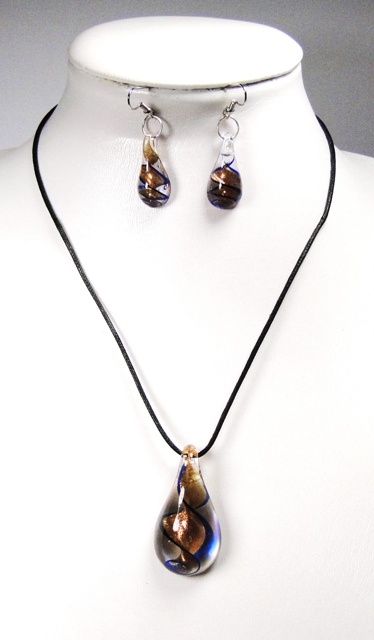 Parure verre MURANO pendentif et boucles d'oreilles pendantes goutte spirale transparent bleu cuivré
