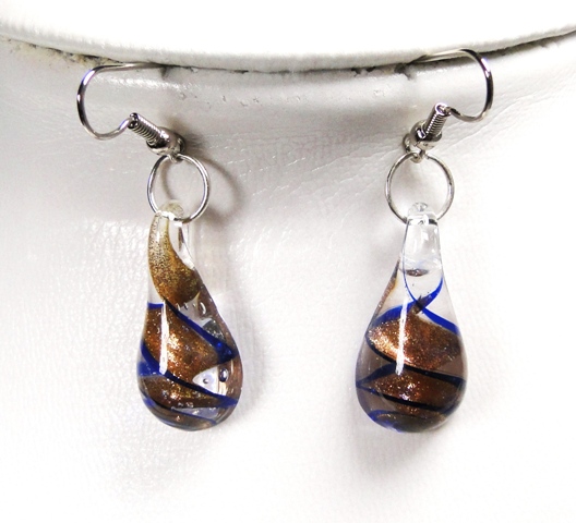 Parure verre MURANO pendentif et boucles d'oreilles pendantes goutte spirale transparent bleu cuivré – Image 3
