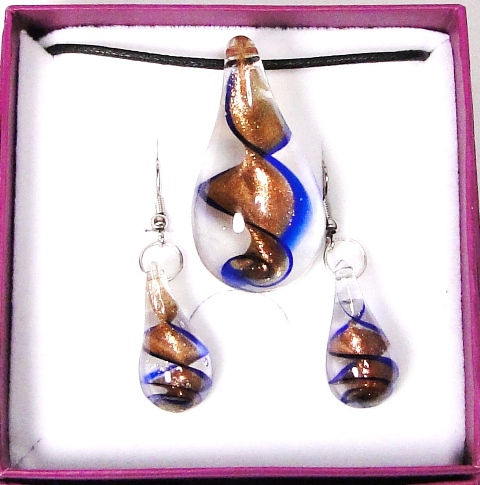 Parure verre MURANO pendentif et boucles d'oreilles pendantes goutte spirale transparent bleu cuivré – Image 4