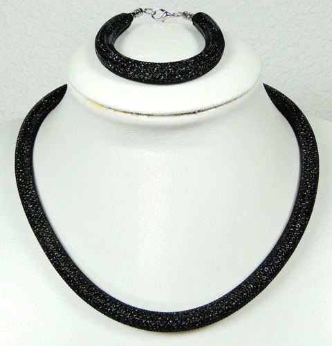 Parure verre MURANO conteria collier et bracelet noir brillant filet noir