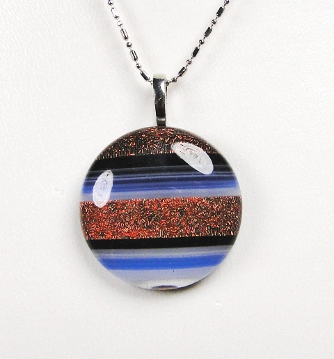 Pendentif verre dichroïque MURANO rond rose orange bleu noir blanc irisé