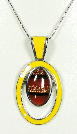 Pendentif verre dichroïque MURANO ovale double tour métal jaune et argenté