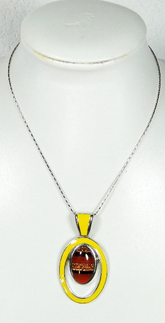 Pendentif verre dichroïque MURANO ovale double tour métal jaune et argenté – Image 2
