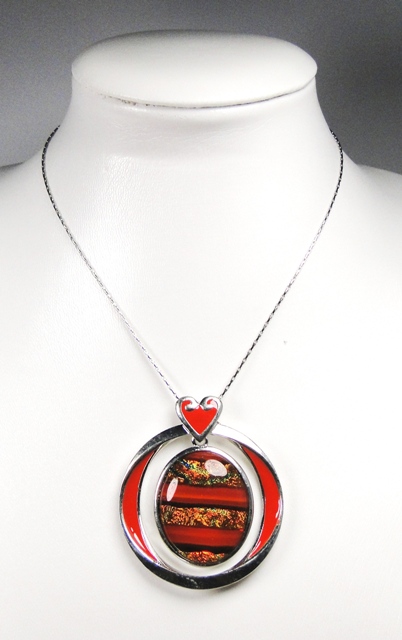 Pendentif verre dichroïque MURANO ovale dans cercle métal rouge et argenté – Image 2
