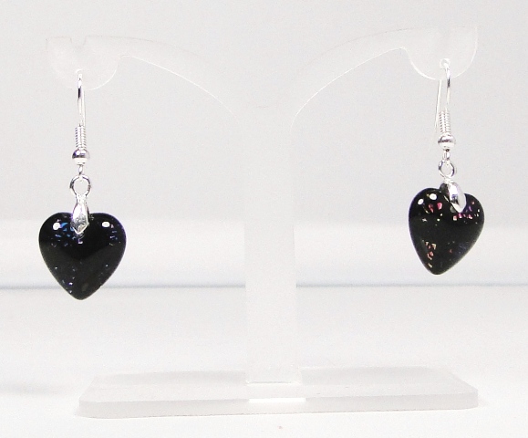 Boucles d'oreilles verre dichroïque MURANO pendantes coeur noir bleu foncé rose irisé