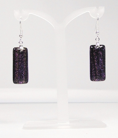 Boucles d'oreilles verre dichroïque MURANO pendantes rectangle noir rose bleu irisé