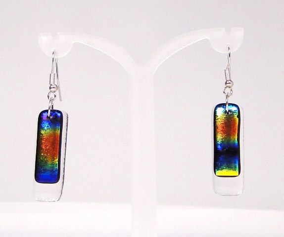 Boucles d'oreilles verre dichroïque MURANO pendantes rectangle double transparent noir arc en ciel