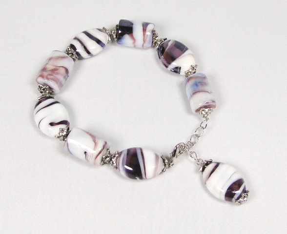 Bracelet fermoir verre FACON MURANO ovale cylindre blanc prune